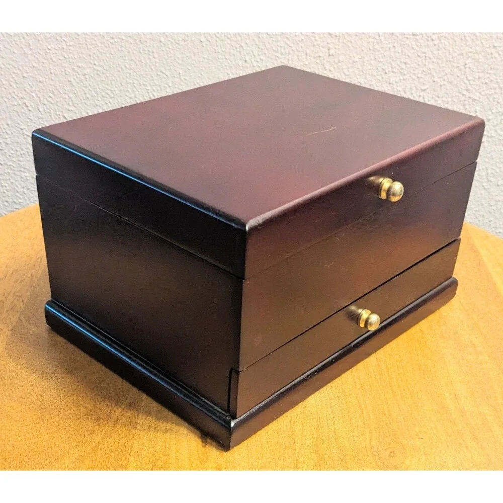 Wooden Jewelry Box Hinged Mirror Velvet Lined 2 Compartments Pull Out Drawer